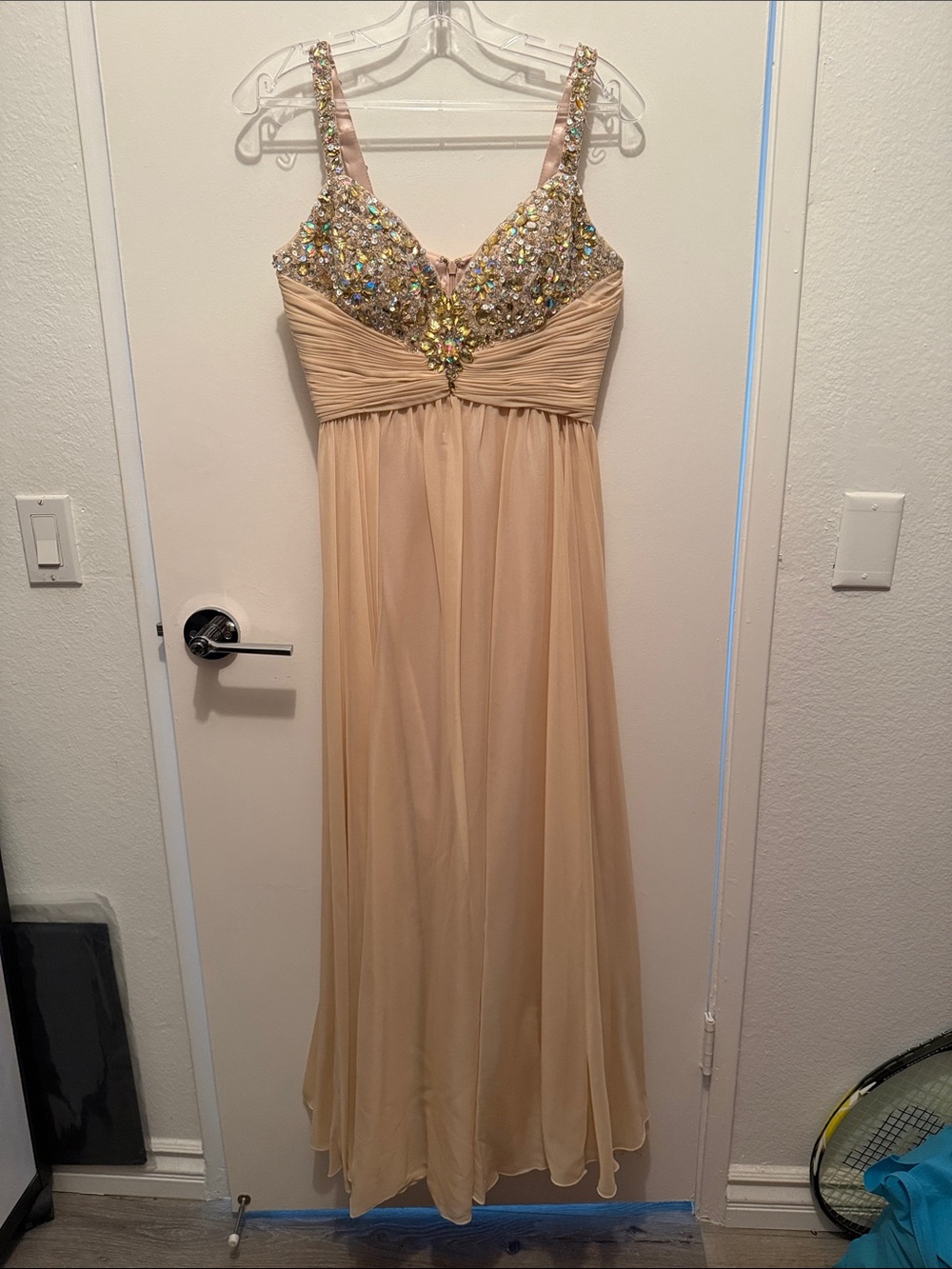 Nina Canacci Beaded Bodice Chiffon Maxi Dress in Beige